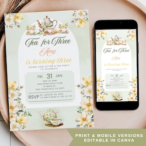 May include: A green and white tea party invitation with a floral design. The invitation says "Tea for Three Amy is turning three" and includes details for the party, including the date, time, location, and RSVP information.