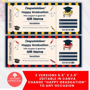Cupón de regalo de feliz graduación, plantilla de vale de regalo personalizable y editable, certificado de recién graduado de secundaria e universidad imprimible.