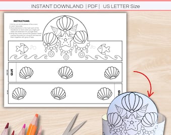 Mermaid Paper Crown Printable, Kid Under the Sea Ocean Princess Birthday Party Headband DIY Coloring Craft Activity, Hat Costume Party Favor