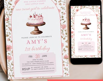 One Little Candle One Little Cake Birthday, Girl 1st Birthday Invitation Template Editable, Pink Watercolor Floral Mobile Phone Text Invite