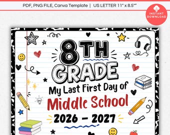 Last First Day Of Middle School 8th Grade Printable Sign, First Day Of Eighth Grade Sign, Back To School Photo Prop,  Classroom Decoration