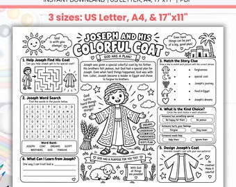 Joseph Coat of Many Colors Activity Placemat Coloring Sheet Printable, Kid Bible Game, Sunday School Christian Homeschool Church Lesson