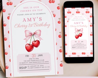 She is Our Cherry on Top Birthday Invite Template, Cherry First Birthday Invitation Editable, Pink Watercolor Girl Mobile Phone Text Invite