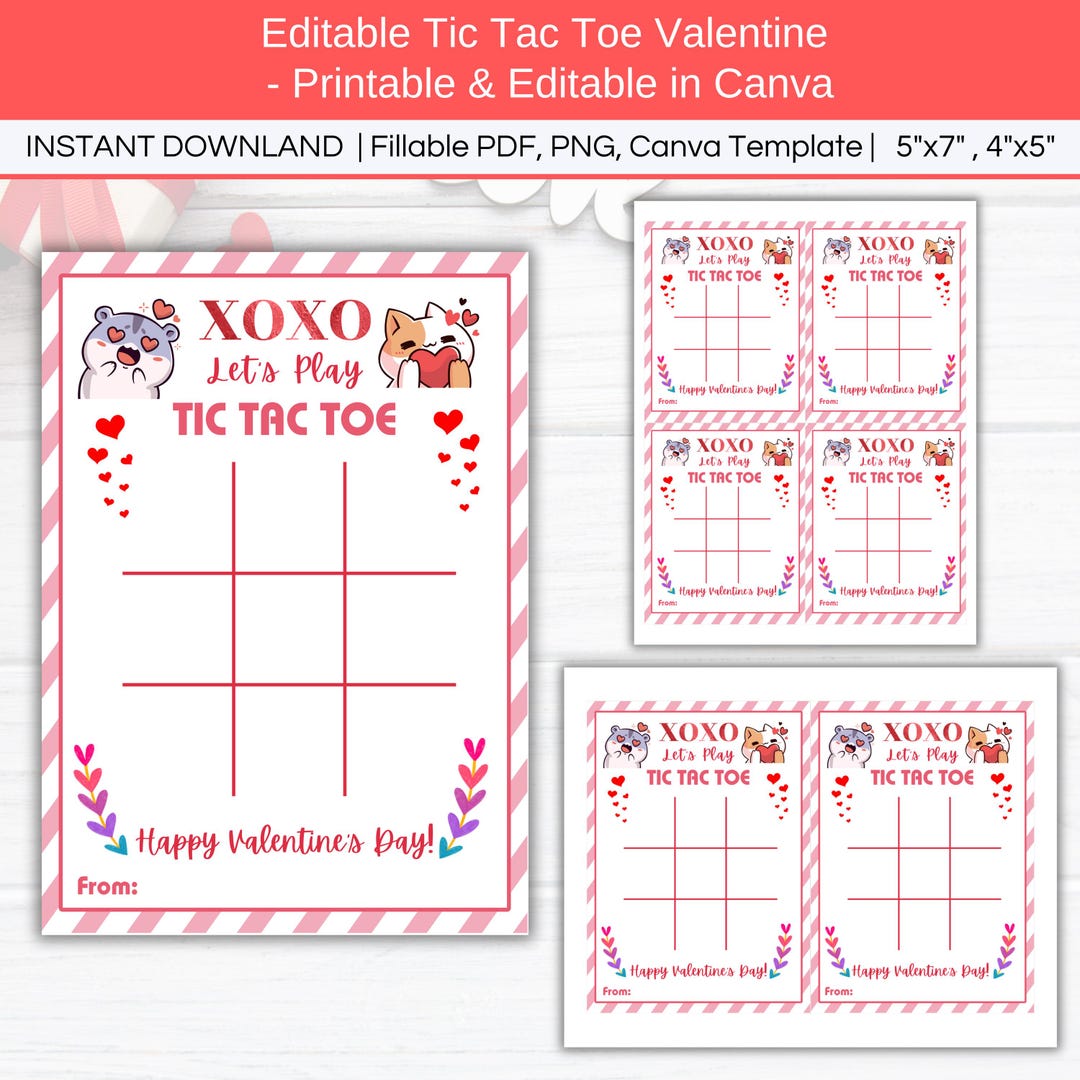 Tic Tac Toe Valentine's Day Cards, Editable Cat Lover XOXO Valentine ...