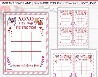 Tic Tac Toe Valentine's Day Cards, Editable Cat Lover XOXO Valentine Tags, Printable Classroom School Classmate Class Non-Candy Gift Label