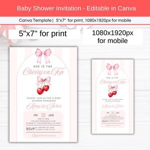 She is the Cherry on Top Baby Shower Invitation, Editable Pink Coquette Bow Theme Girl Baby Shower Mobile Phone Text Digital Party Invite