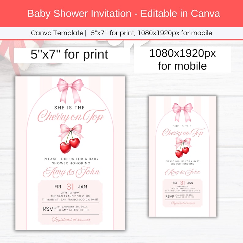 She is the Cherry on Top Baby Shower Invitation, Editable Pink Coquette Bow Theme Girl Baby Shower Mobile Phone Text Digital Party Invite