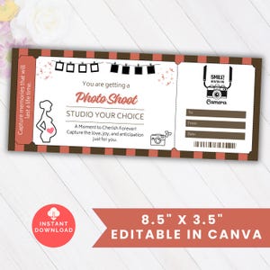 Kupon na sesję zdjęciową ciążową, edytowalny bon upominkowy na fotografię, drukowany prezent na baby shower dla przyszłej mamy, certyfikat biletu na sesję zdjęciową