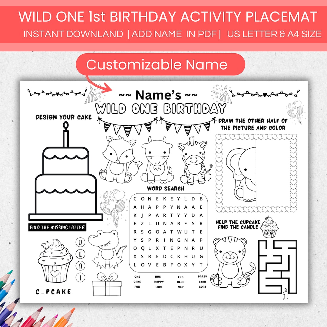 Wild One 1st Birthday Party Activity Placemat Coloring Sheet, Printable ...