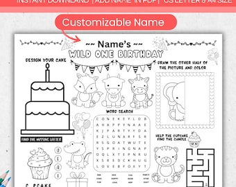 Wild One 1st Birthday Party Activity Placemat Coloring Sheet, Printable One Year Old Cute Wild Animal Theme Party Game, Kids Party Favor PDF