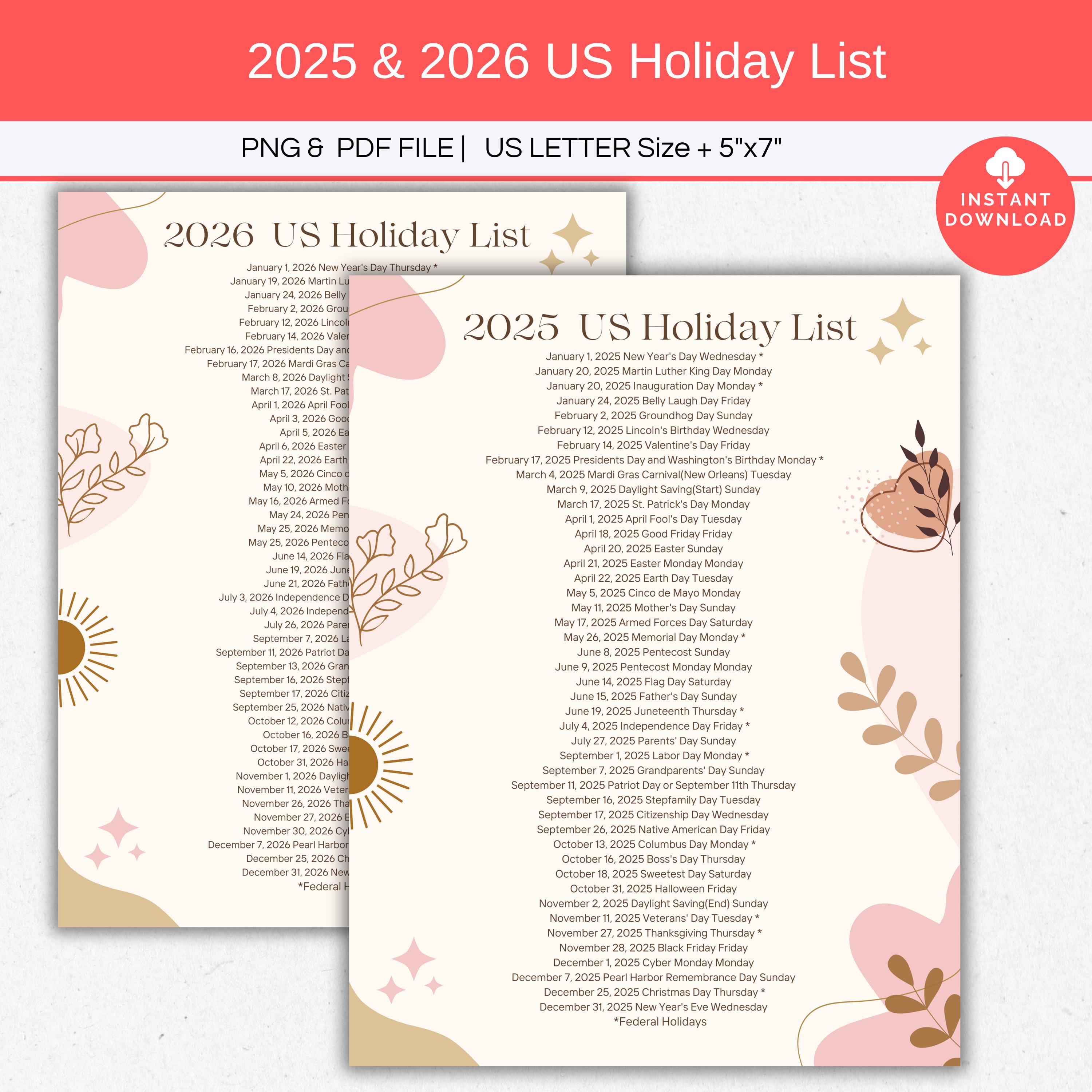 2025 Holiday List, 2026 Holiday List Printable, US Federal Holidays Planner, Boho Style Single Page Yearly Annual Observances Desk Calendar