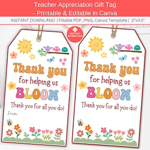 Danke fürs Helfen, uns zu helfen Bloom Tag druckbarer, bearbeitbarer Geschenkanhänger für die Wertschätzung des Lehrers, Bibliothekar Schulpersonal Mentor Danke Favor Tag