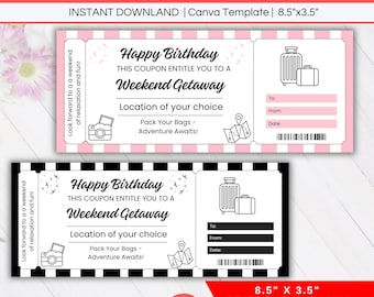 Weekend Getaway Coupon, Surprise Birthday Trip Editable Voucher, Custom Weekend Away Gift Certificate, Travel Ticket for Romantic Getaway