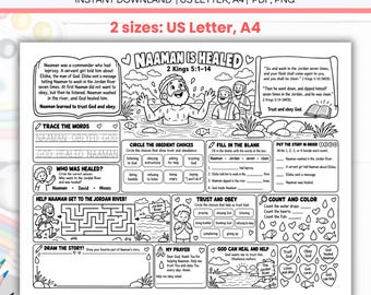 Naaman Is Healed Activity Placemat Coloring Sheet Printable, Christian Kids Sunday School Homeschool Church 2 Kings 5 Bible Story Lesson