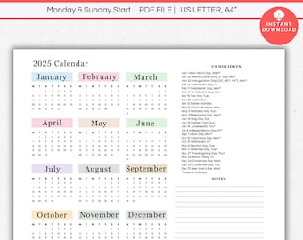 2025 Yearly Calendar with Holidays One Page, Single Page Yearly Calendar Printable, Annual Year at a Glance, Sunday Monday Start