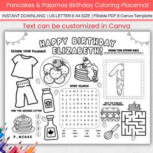 Pancakes And Pajamas Coloring Page Printable, Editable Birthday Coloring Activity Placemat For Kids, Party Favor, Classroom Coloring Sheet