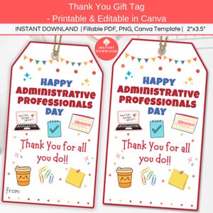 Puede incluir: Dos etiquetas de regalo con borde rojo y el texto "Happy Administrative Professionals Day". Las etiquetas incluyen ilustraciones de un portátil, calendario, taza de café y clips. Las etiquetas miden 5,08 cm por 8,89 cm.