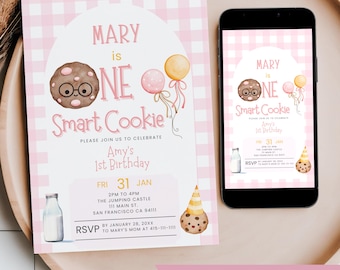 One Smart Cookie Birthday Girl Invitation, Editable Milk and Cookie Party, Pink Watercolor Gingham Turning 1 Party Mobile Phone Text Invite