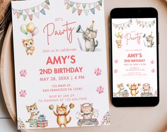 Let's Pawty Birthday Party Invitation, Editable Cat Kitten Pet Party Invite, Girl Kids Animal Theme Any Age Digital Mobile Phone Text Invite