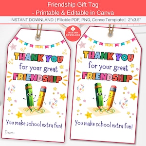 Etiquetas imprimibles para compañeros de clase de fin de año escolar, etiqueta de regalo de amistad editable para el último día de clases, etiqueta de recuerdo de fiesta del Día de la Amistad para la clase preescolar