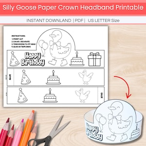 Silly Goose Paper Headband for Kids Printable, Birthday Party Coloring Paper Crown Craft Activity, Farm Animal Party Hat Mask Party Favor