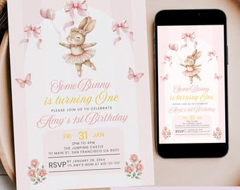 Ballet Bunny First Birthday Invitation Editable, Some Bunny is Turning One Party, Pink Watercolor Girl Mobile Phone Text 1st Birthday Invite