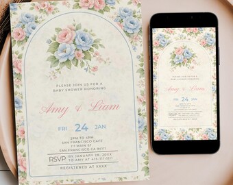 Vintage Flower Baby Shower Invitation, Editable Girl Floral Grandmillenial Grandmacore Mobile Phone Text Digital Grandma Baby Shower Invite