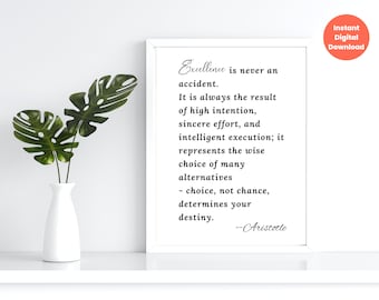 Excellence by Aristotle Motivational Quote Printable Wall Art for Office and Home, Downloadable Inspirational Minimalist Black & White Print