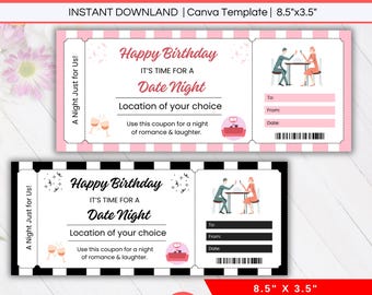 Date Night Ticket Coupon Gift Voucher, Movie Dinner Date Reservation, Night Out Gift, Romantic Surprise Gift Birthday Certificate Editable