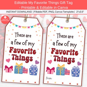 Etiqueta de regalo &quot;Cosas favoritas&quot; para descargar, etiqueta editable para fiesta de &quot;Cosas favoritas&quot;, etiqueta para intercambio de regalos, etiqueta imprimible para cesta de regalo de fiesta navideña.