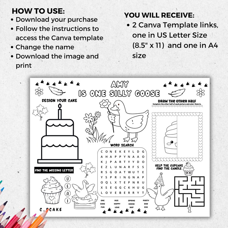 One Silly Goose Birthday Party Coloring Activity Placemat, Editable Goose 1st Birthday Printable ...