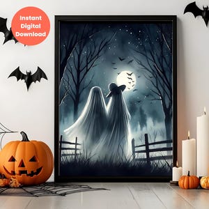 Ghost Couple in Dark Forest Halloween Wall Art Printable, Ghost Print, Spooky Ghost Wall Art, Ghost Print Download, Romantic Ghosts Art