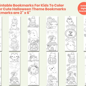 12 Printable Halloween Bookmarks for Kids To Color, Halloween Kawaii Cat Bookmarks, Cute Ghosts and Pumpkins, Coloring Bookmarks Set