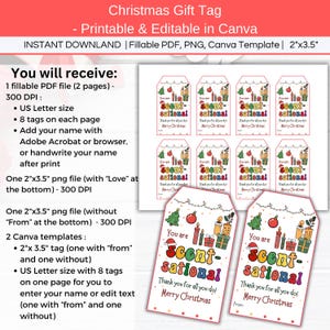 Candle Christmas Thank You Tag, Editable You are Scent-sational Appreciation Basket Tag, Holiday Teacher Nurse Gift, Soap, Spa, Perfume Gift. 2 versions, one with "From" and one without. Tag size is 2"x3.5". You can edit the tags in Canva or add your name in fillable pdf.