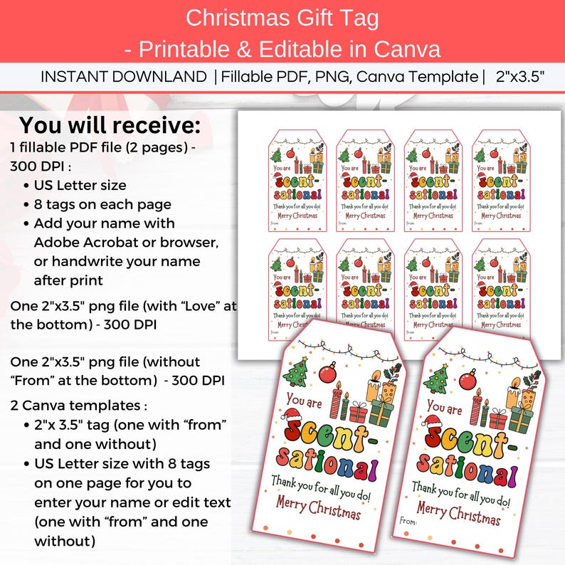 Candle Christmas Thank You Tag, Editable You are Scent-sational Appreciation Basket Tag, Holiday Teacher Nurse Gift, Soap, Spa, Perfume Gift. 2 versions, one with "From" and one without. Tag size is 2"x3.5". You can edit the tags in Canva or add your name in fillable pdf.
