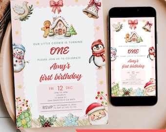 Christmas Gingerbread House Birthday Invitation, Editable Xmas Holiday Cookie Turning One Pink Girl Digital Mobile Phone Text Party Invite