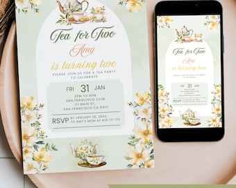 Tea for Two Birthday Party Invite, Editable Tea Party Invitation Girls 2nd Birthday, Green Tea Cup Floral Digital Mobile Phone Text Invite
