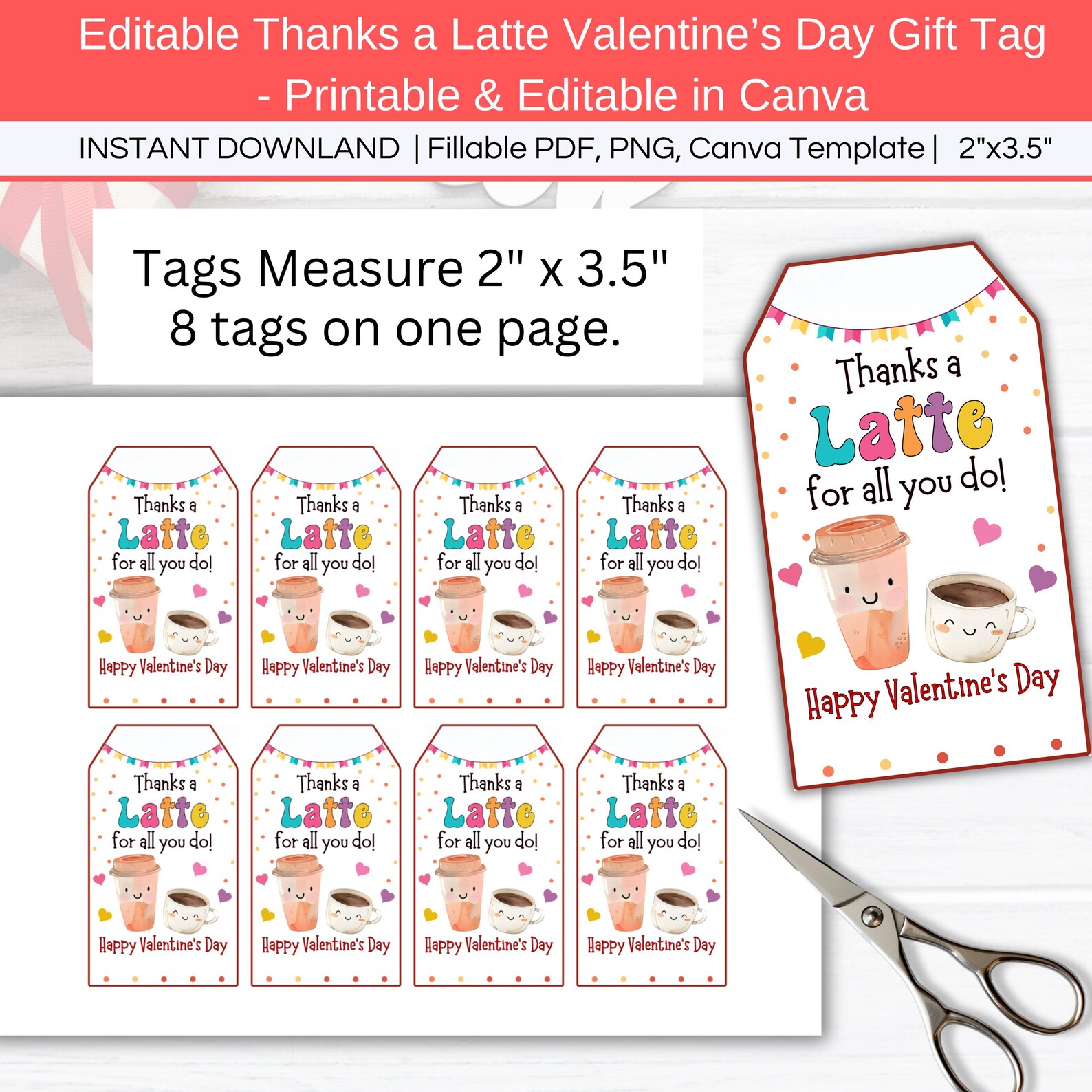 Editable Thanks A Latte Valentine Gift Tag, Coffee Valentine Gift Tag ...