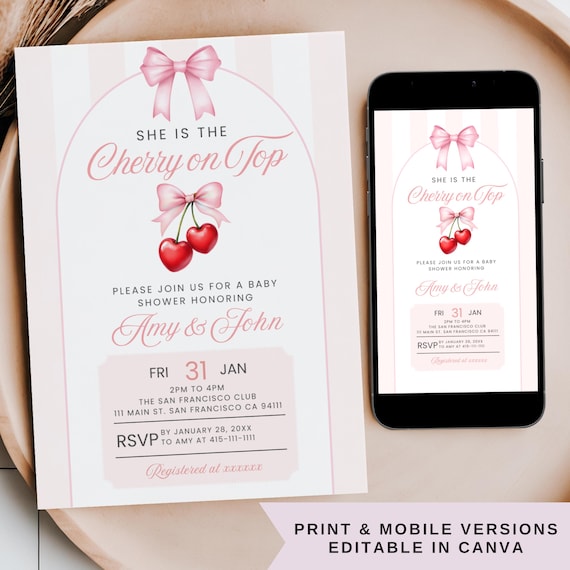 She is the Cherry on Top Baby Shower Invitation, Editable Pink Coquette Bow Theme Girl Baby Shower Mobile Phone Text Digital Party Invite