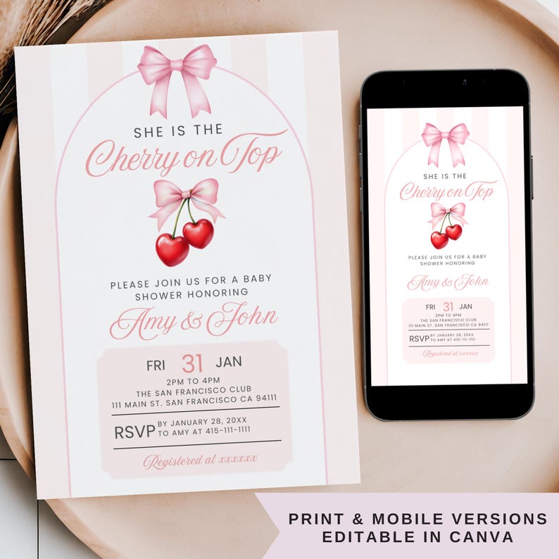 She is the Cherry on Top Baby Shower Invitation, Editable Pink Coquette Bow Theme Girl Baby Shower Mobile Phone Text Digital Party Invite