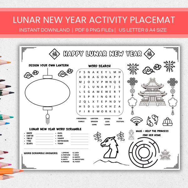 Printable Lunar New Year Activity Placemat for Kids, Year of Dragon Chinese New Year Coloring Page, Classroom Activities New Year Games