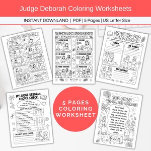 May include: Five black and white coloring worksheets titled Judge Deborah Coloring Worksheets. The pages feature illustrations and text about the biblical story of Deborah, including lessons, a choice check, and prayers in US Letter size format.
