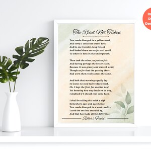 The Road Not Taken by Robert Frost Printable Poem Wall Art, Inspirational Quote, Motivational Downloadable Softness Greenery Print