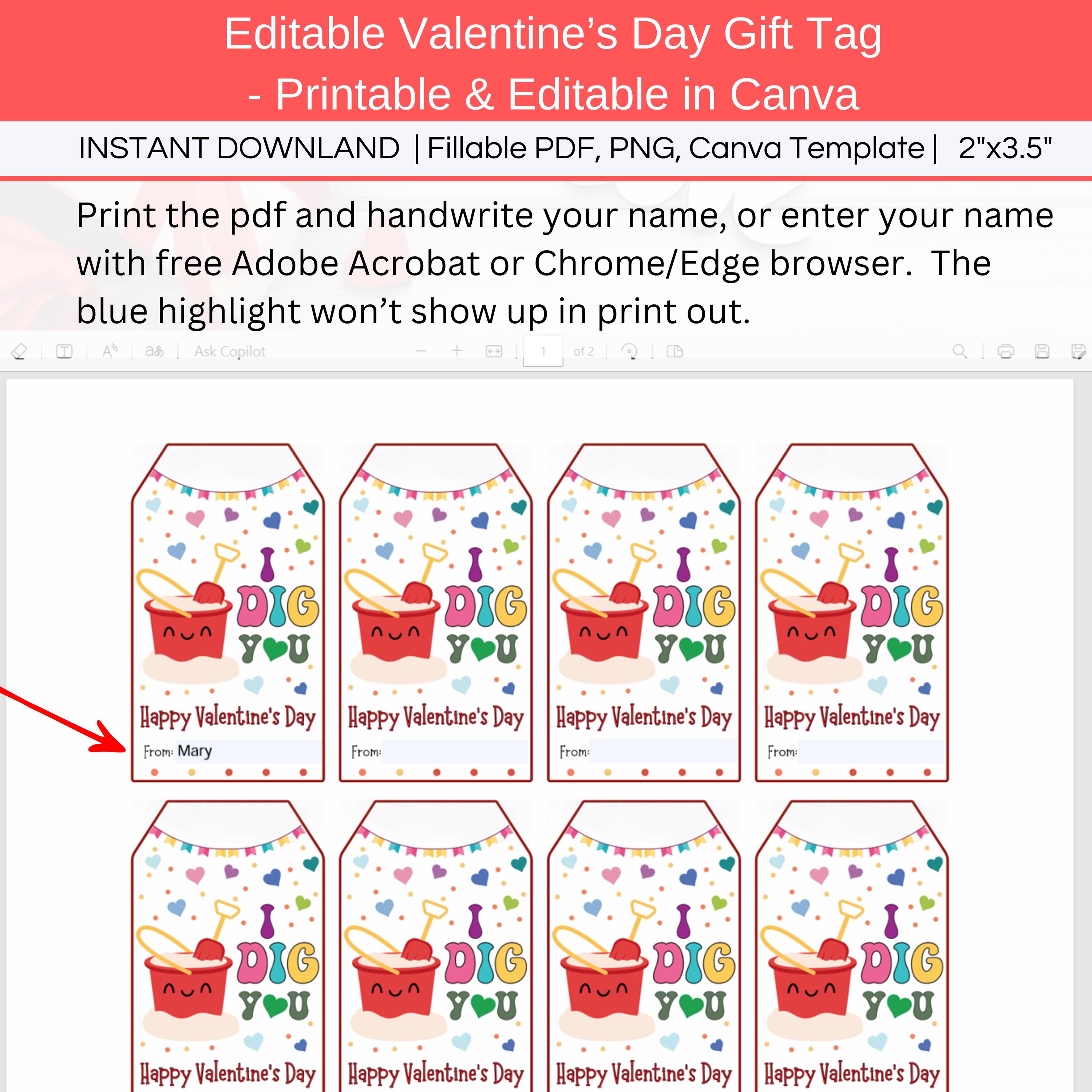 I Dig You Valentine's Day Tag Printable Gift Label, Editable Kid ...
