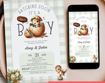 It's a Boy Dinosaur Baby Shower Invite, Green Gingham Hatching Soon Shower Invitation, Editable Dino Party Mobile Phone Text Digital Invite