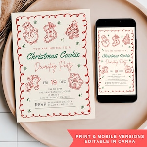 May include: A Christmas Cookie Decorating Party invitation with a festive design. The invitation features a cream background with red and green accents, including cookie-themed illustrations and the event details. A smartphone displays the same invitation.