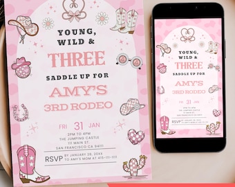 Rodeo Birthday Invitation, Editable Cowgirl Young Wild Three 3rd Birthday Invitation, Retro Groovy Party Mobile Phone Text Digital Invite