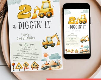 Construction Birthday Invitation 2 Year Old, 2 & Digging It Editable Party, Boy's 2nd Dump Truck Digger Mobile Phone Text Digital Invite