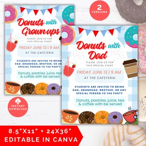 Könnte beinhalten: Zwei druckbare Einladungen im Format 8,5 x 11 Zoll für eine "Donuts with Grownups" und "Donuts with Dad" Veranstaltung. Die Einladungen zeigen einen blau-weiß karierten Hintergrund mit bunten Donuts, Kaffeetassen und einem Glas Saft. Der Text auf den Einladungen lautet "Donuts with Grownups" und "Donuts with Dad". Die Einladungen sind in Canva bearbeitbar.