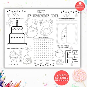Puede incluir: Una hoja de actividades imprimible en blanco y negro para la fiesta de cumpleaños de un niño. La hoja incluye una búsqueda de palabras, un laberinto, una sección para diseñar tu propio pastel y un juego para encontrar la letra que falta. La hoja está decorada con un tema de pollito y el texto "Amy cumple un año".